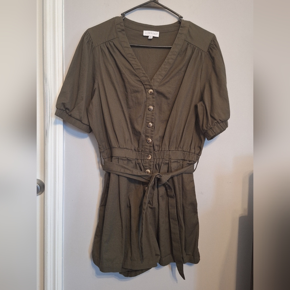 Luxology Olive Green V-Neck Short Romper - Picture 1 of 12
